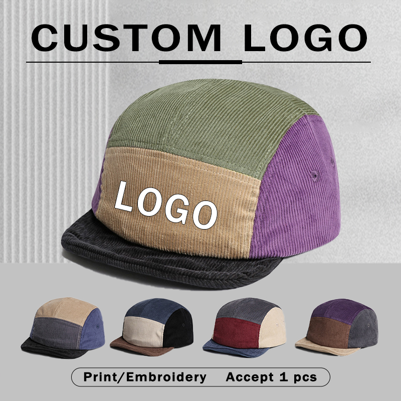 Corduroy Cap 5 Panel - レトロなショートブリムのコーデュロイベースボールキャップ、ロゴのカスタマイズ可能、春・秋向けカジュアル多用途、カラーマッチング5パネルメンズハット